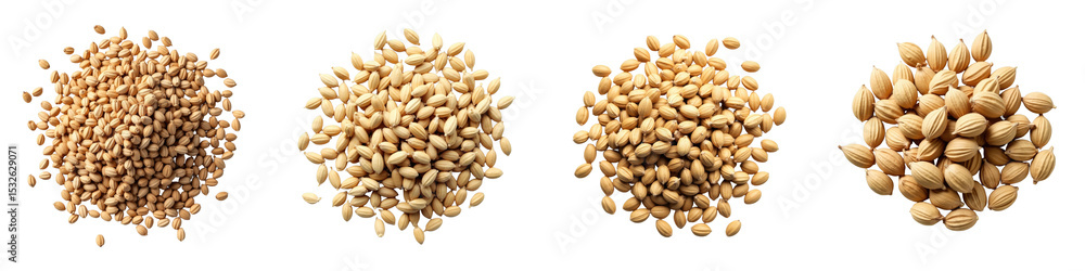 Poster assorted pile of different types of dry seeds including flax seeds isolated on transparent backgroun