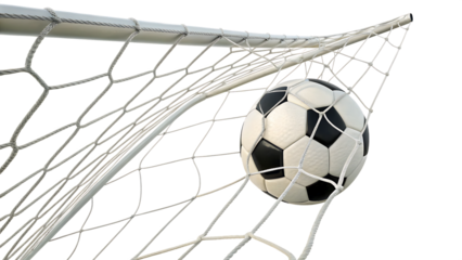  Soccer ball in net goal isolated on white background PNG. AI GENERATED