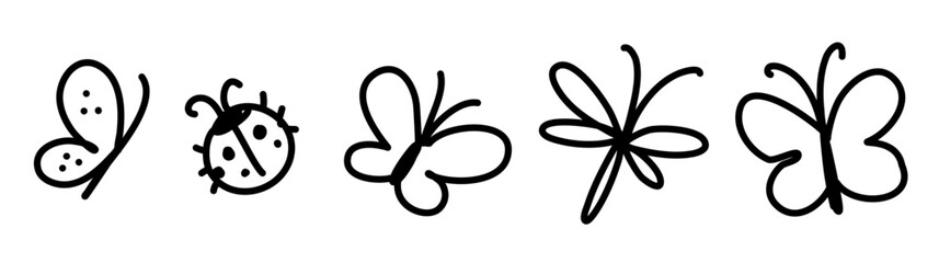 Minimalist line art of insects including butterflies and a ladybug. Black outlines create a playful and whimsical style. Ideal for childrens themes or educational materials.