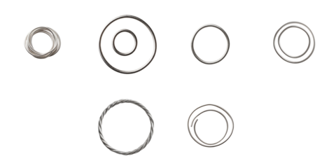 Various silver metallic loops displayed on a transparent background featuring different sizes and twisted designs emphasizing texture and shine