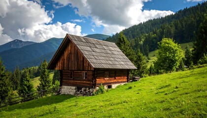 Mountain chalet nestled in green valley