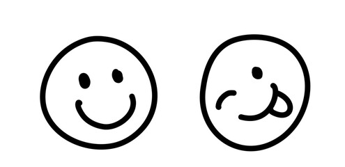 Minimalistic black and white illustration of two smiley faces. One smiles cheerfully while the other playfully sticks out its tongue. Simple and expressive design.