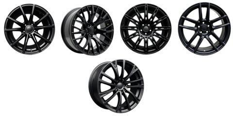 Collection of five transparent alloy performance car wheels isolated on a transparent background showcasing various designs and finishes with high detail and clarity.