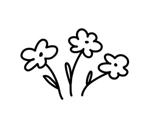 Minimalistic line art depicts three stylized flowers. Black and white design. Perfect for coloring books and artistic projects. Simple and elegant artwork.