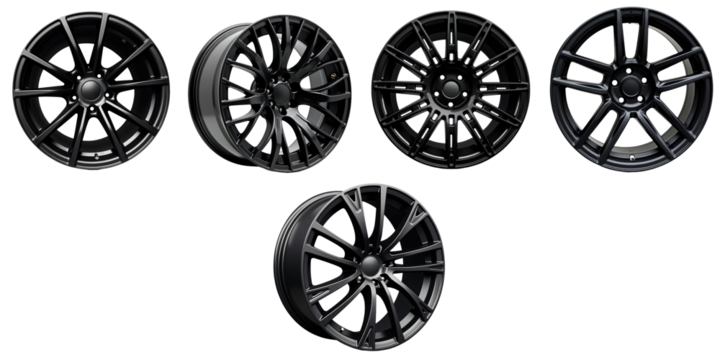 Collection of five transparent alloy performance car wheels isolated on a transparent background showcasing various designs and finishes with high detail and clarity.
