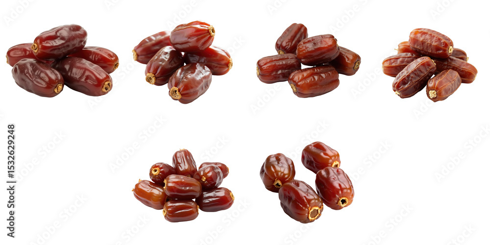 Poster various clusters of dried date fruits individually displayed on a transparent background showcasing 