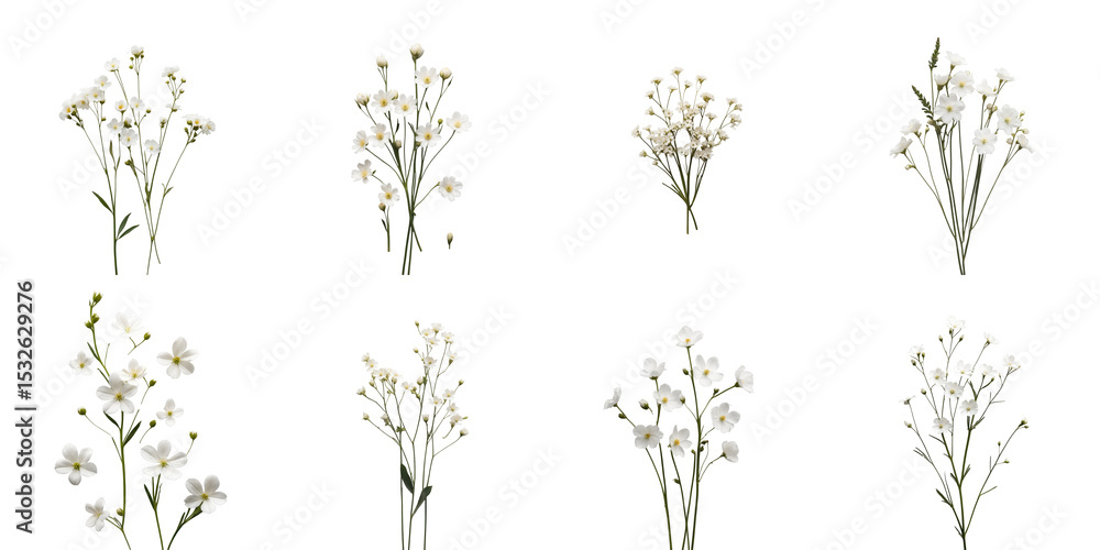 Poster collection of small white transparent flowers isolated on a transparent background arranged in vario
