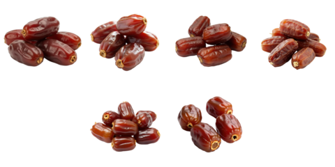 Various clusters of dried date fruits individually displayed on a transparent background showcasing rich brown colors and different shapes and sizes