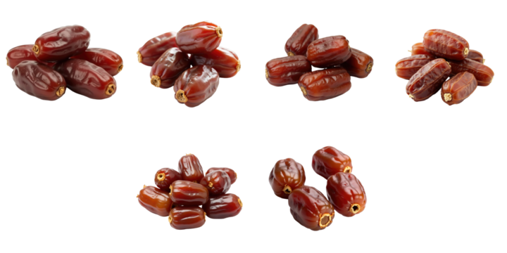 Various clusters of dried date fruits individually displayed on a transparent background showcasing rich brown colors and different shapes and sizes