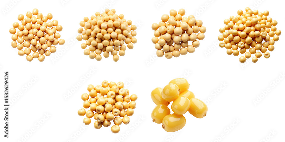 Poster various clusters of yellow soybeans arranged in different formations on a transparent background sho