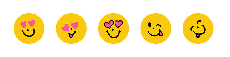 Collection of cartoon emoticons with hearts and playful expressions on yellow background. Perfect for conveying cheerful and fun messages in digital communication.