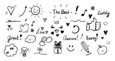 Fun doodles in black feature cheerful symbols like hearts, smiley faces, and suns. Positive words convey optimism, perfect for uplifting designs and creative projects.