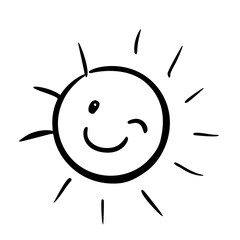 Black and white line art of a smiling sun with friendly expression. The sun features prominent rays and a playful winking face. Ideal for kidfriendly themes.