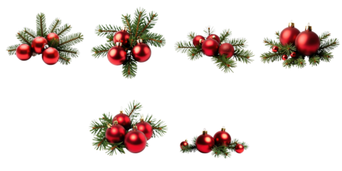 Red Christmas baubles adorned with pine branches isolated on transparent background showcasing multiple arrangements for festive decoration and seasonal celebration themes.