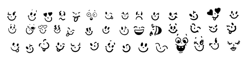 Black and white icons of expressive faces in different styles. Diverse emotions depicted including joy, love, surprise, and laughter. Ideal for communication tools.