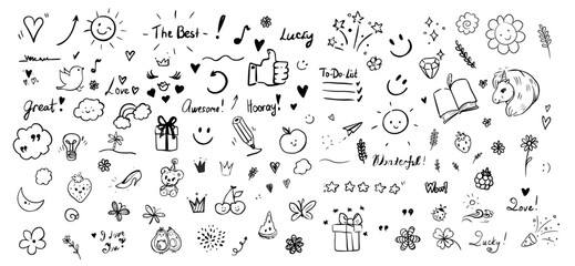 Diverse set of handdrawn doodles in black and white. Features hearts, stars, smiley faces, and fun elements. Ideal for creative, playful designs and decorations.