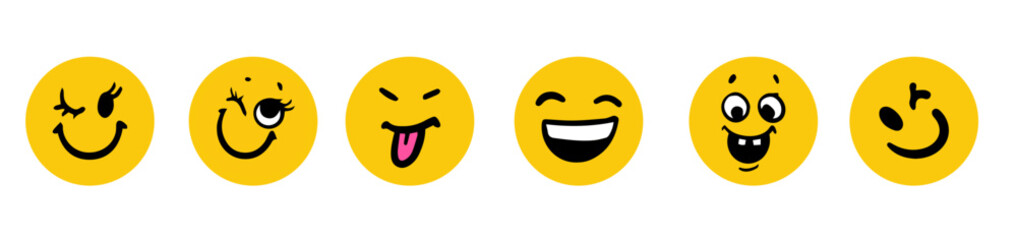 Vibrant set of yellow emoji faces each displaying different expressions. Playful and cheerful designs on a white background. Perfect for digital communication.