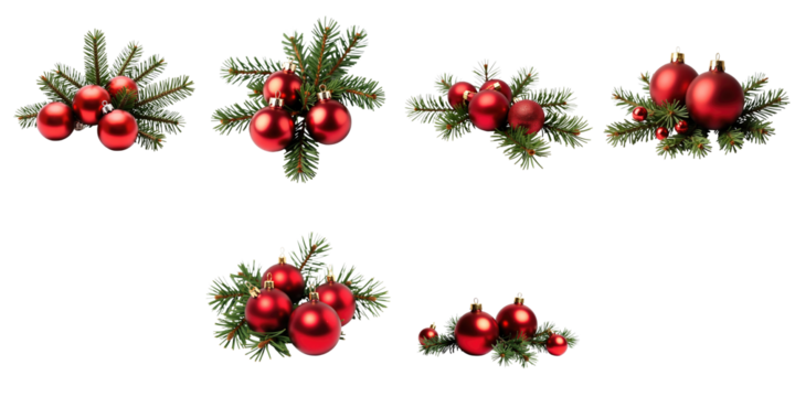 Red Christmas baubles adorned with pine branches isolated on transparent background showcasing multiple arrangements for festive decoration and seasonal celebration themes.