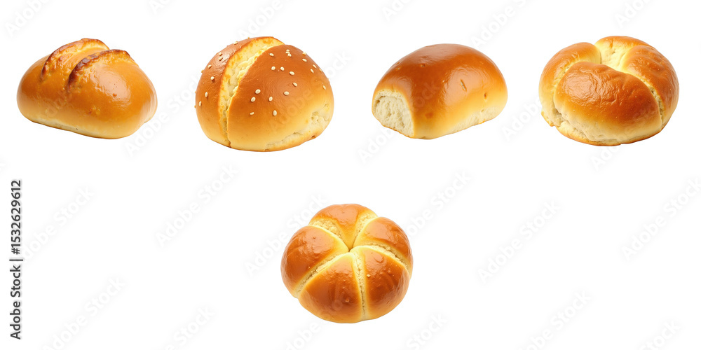 Poster variety of sweet bread buns isolated on transparent background displaying different shapes and textu