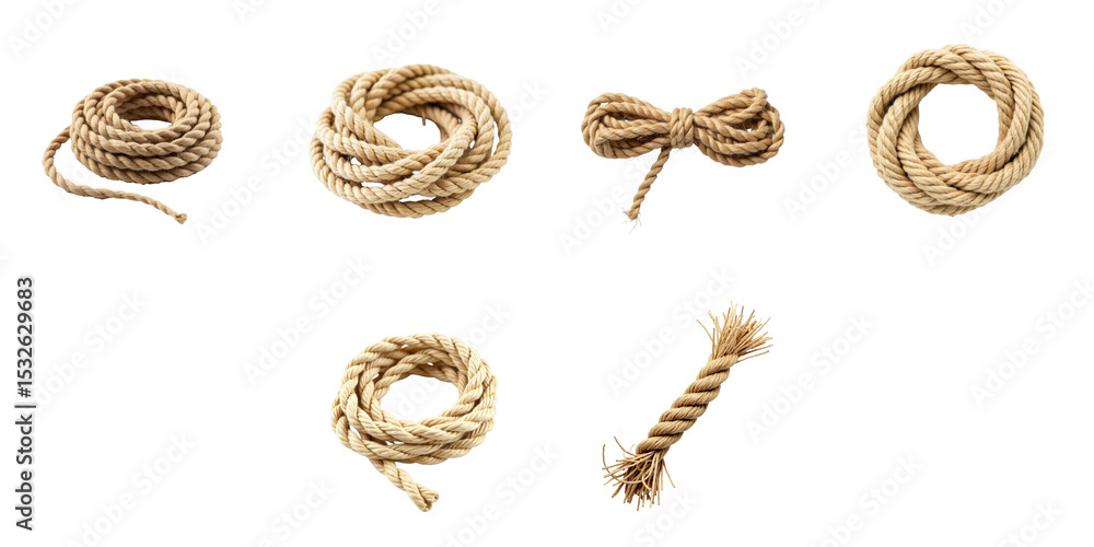 Poster hemp rope collection displayed on a transparent background showcasing various forms including coils,