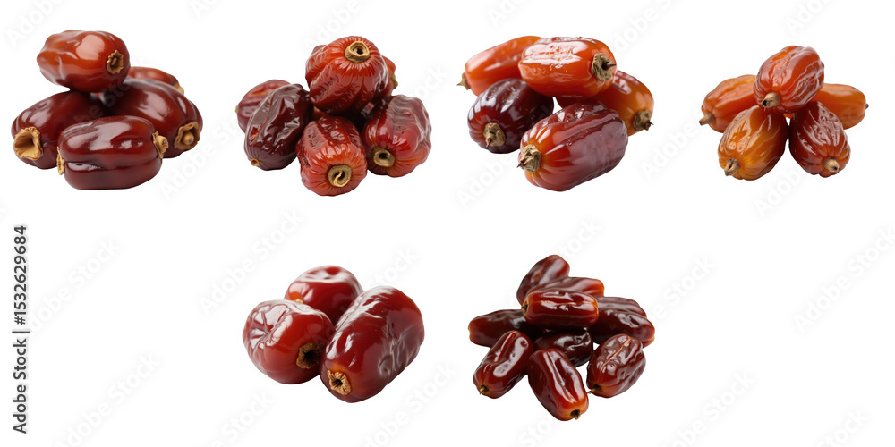 Poster close-up of assorted dried dates in different shapes and sizes isolated on a transparent background 