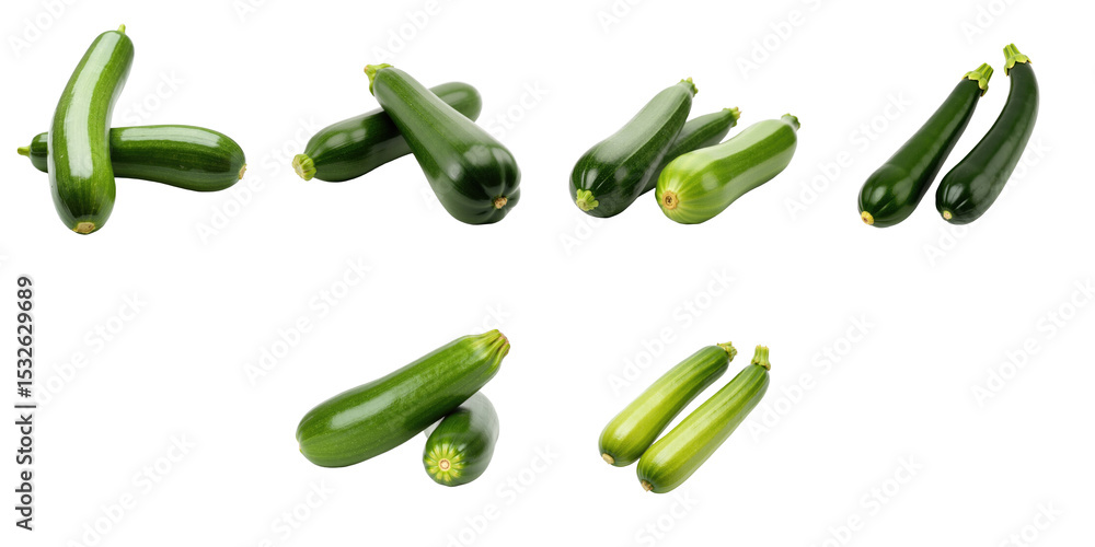 Poster fresh green zucchini vegetables arranged on a transparent background displaying various angles and o
