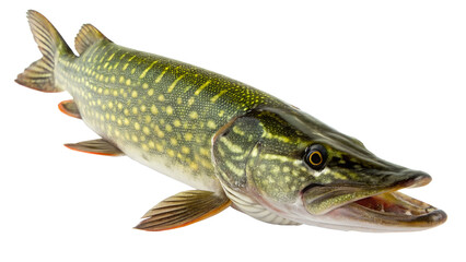 A northern pike fish with a long, slender body and sharp teeth. The fish has a greenish body with yellow spots and a transparent background.