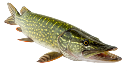 A northern pike fish with a long, slender body and sharp teeth. The fish has a greenish body with yellow spots and a transparent background.