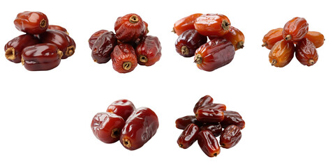 Obraz premium Close-up of assorted dried dates in different shapes and sizes isolated on a transparent background highlighting their rich dark color and texture