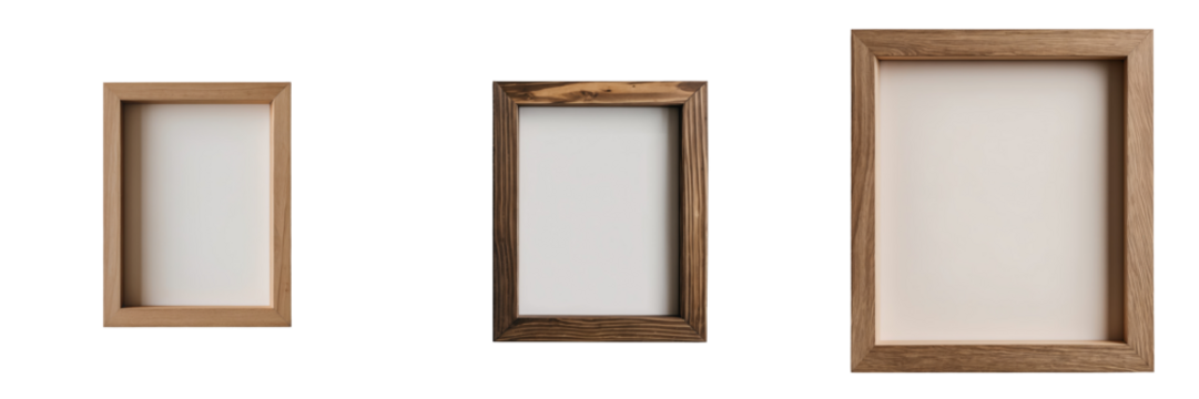 Wooden photo frames in various sizes with blank interiors isolated on a transparent background for customizable display and design purposes