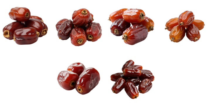 Close-up of assorted dried dates in different shapes and sizes isolated on a transparent background highlighting their rich dark color and texture