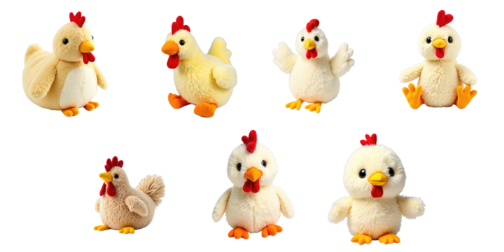 Collection of assorted plush stuffed animal hens displayed individually on a transparent background showcasing various poses and expressions in soft fabric textures and vibrant colors.
