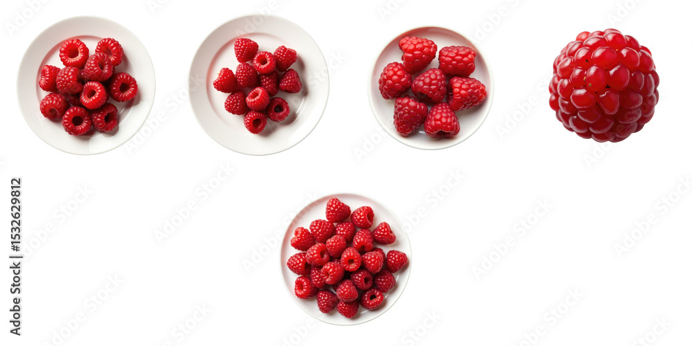 Poster assorted red raspberries on white plates arranged in various patterns against a transparent backgrou
