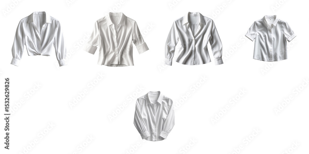 Poster set of five white blouses displayed on a transparent background featuring various styles and lengths