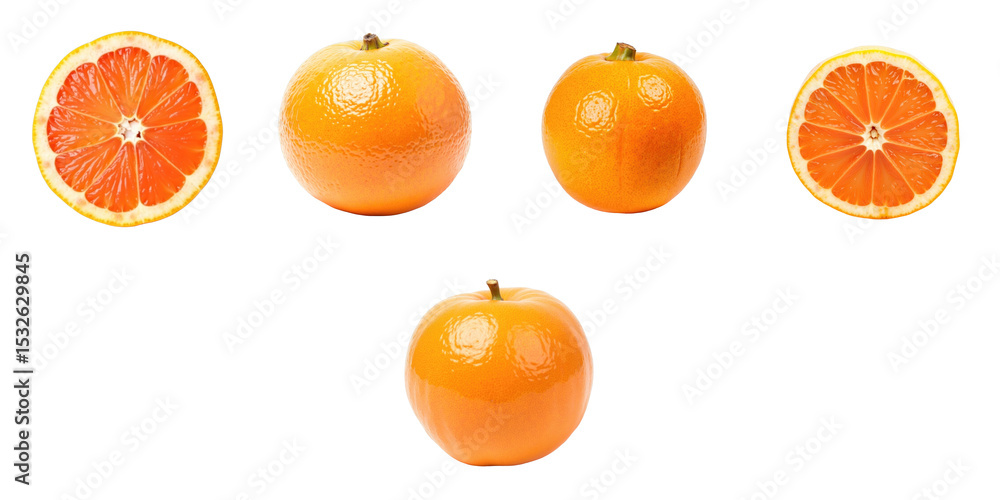 Poster fresh grapefruit whole and sliced oranges arranged on transparent background isolated close-up view 