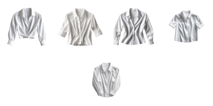Set of five white blouses displayed on a transparent background featuring various styles and lengths arranged in a minimalist layout for fashion presentation.