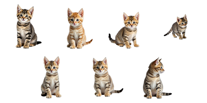 Multiple tabby kittens arranged in various poses on a transparent background, showcasing their playful and curious nature with distinct fur patterns and colors.