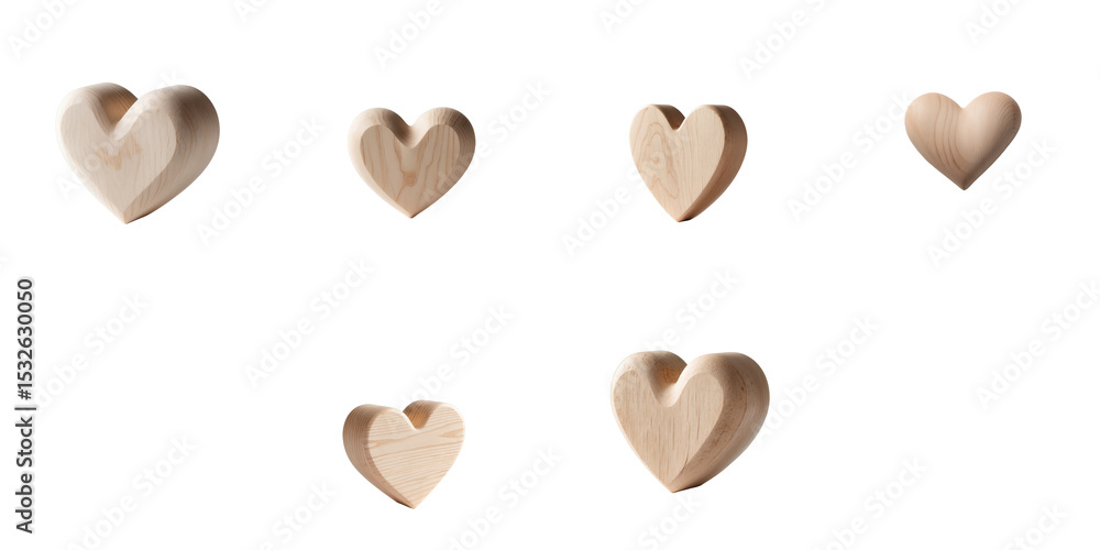 Poster set of six wooden heart shapes of varying sizes and designs isolated on a transparent background sui