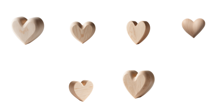 Set of six wooden heart shapes of varying sizes and designs isolated on a transparent background suitable for decorative or thematic use in design projects.