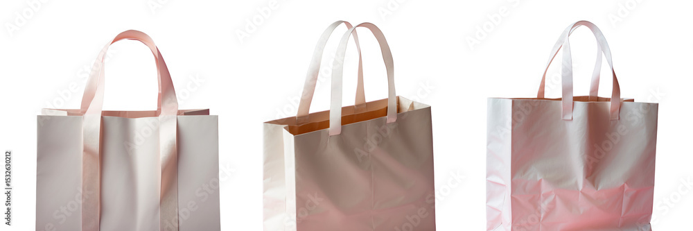 Poster close-up of a large light paper shopping bag with pink ribbon handles isolated on a transparent back