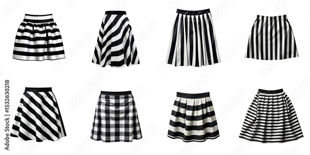 Poster collection of eight striped transparent and white skirts displayed in a grid format on a transparent