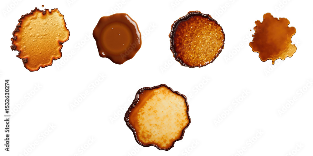 Poster assorted dried coffee stains isolated on transparent background showcasing various shapes and textur