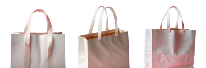 Close-up of a large light paper shopping bag with pink ribbon handles isolated on a transparent background with a soft pink backdrop highlighting its texture and shape.