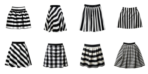 Collection of eight striped transparent and white skirts displayed in a grid format on a transparent background featuring various patterns and styles from a top view perspective.