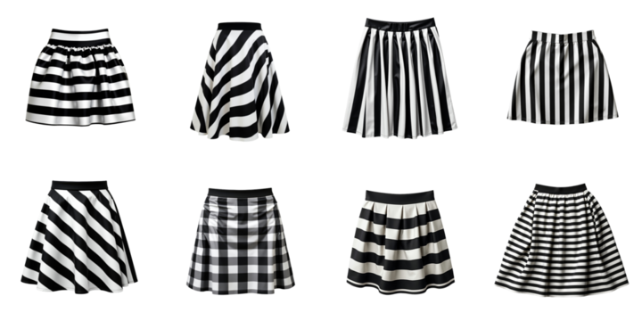 Collection of eight striped transparent and white skirts displayed in a grid format on a transparent background featuring various patterns and styles from a top view perspective.