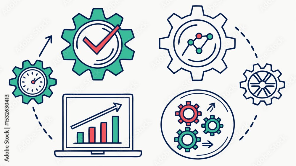 Poster illustration showing gears, clock, laptop with bar graph and arrows representing business process au
