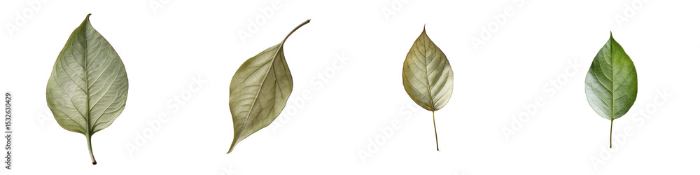 Poster collection of four isolated leaves on a transparent background displaying various shapes, sizes, and