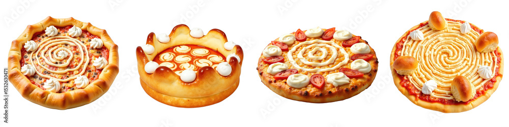 Aufkleber crown style pizzas displayed from a side angle on a transparent background showcasing baked crusts w