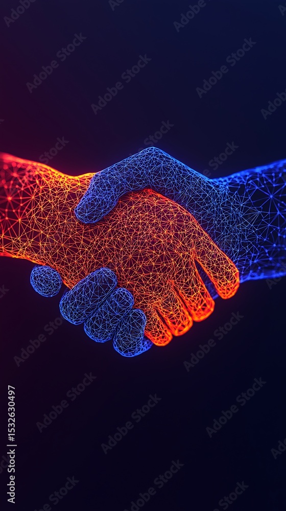 Poster digital handshake composed of glowing blue and orange network lines symbolizing connection and colla