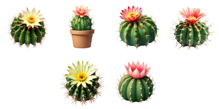 variety of round cacti with colorful blossoms isolated on transparent background including potted and unpotted arrangements showcasing diverse floral types and shapes